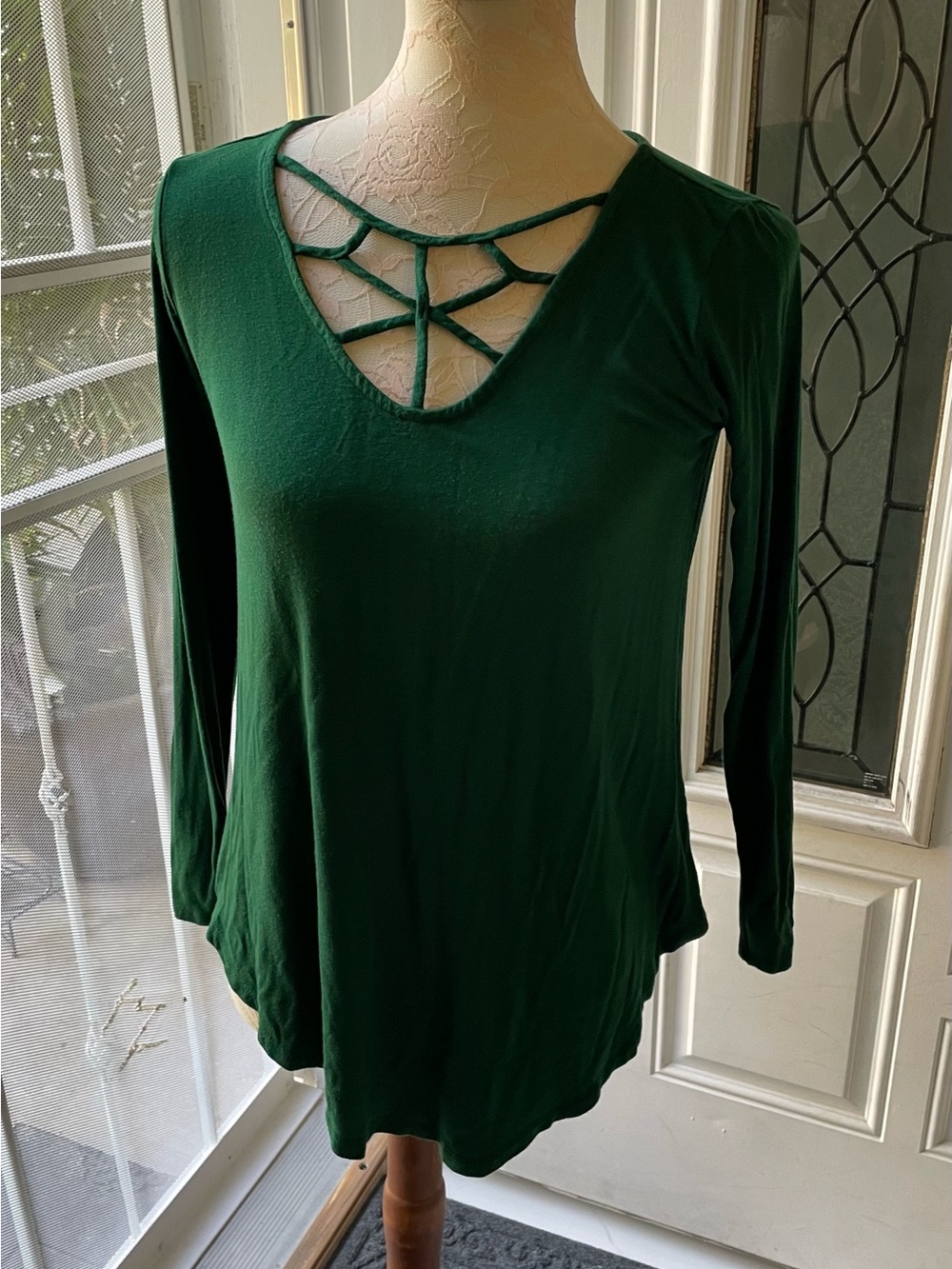 Cherish Deep Green Long-Sleeve V-Neck Top with Strappy Detail